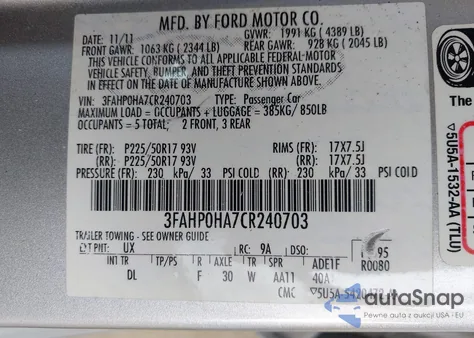 2012 Ford Fusion Se z USA, uszkodzony, nr VIN 3FAHP0HA7CR240703